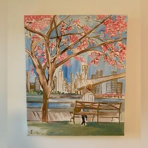 Canvas painting print cherry blossom tree women overlooking city gold accents